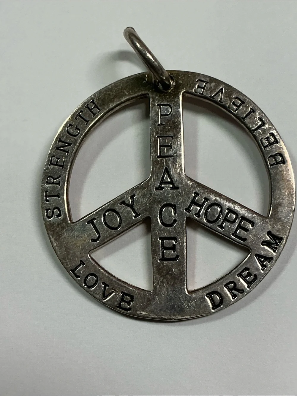 Sterling Silver Peace Sign Pendant W/ Inspirational Words. 1.25” diameter